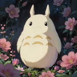 spirit creature in the flowers at night made by studio ghibli, beautiful scene, detailed, high quality, high details, smooth, 8 k,