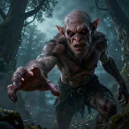 epic portrait cinematic shot an giant goblin reaching out something with his hand, tree backround, scary, creepy, dirty skin, sweaty skin, cloudy, fine details. night setting. realistic shaded lighting poster by craig mullism, artgerm, jeremy lipkin and michael garmash, unreal engine, radiant light, detailed and intricate environment, digital art, trending on art station,