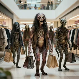 worm human hybrid creatures are shopping at the mall. folk horror. highly detailed