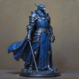 resin sculpture of a kenku raven knight in a flowing indigo cloak. oil on canvas by lead character artist