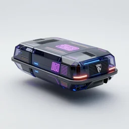 full shot of a box - shaped sci - fi flying vehicle made from dark glass and plastic surfaces with neon kanji decals in the style of peugeot prestige, side lights, studio lighting, octane render, unreal engine 5, light background