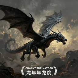 “a painting of a singular large black dragon in flight”