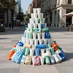 “Apollo made of plastic cups and bags, eco installation on the city square, detailed, 4k photo, great light and shadows”