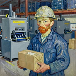 oil painting of a man with construction hat holding a package in warehouse, behind him is Sortation machines, in the style of vincent van gogh