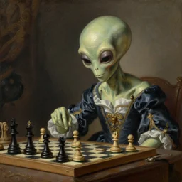 alien playing chess looking wise, rococo oil painting, highly detailed