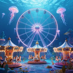underwater carnival, ferris wheel made of jellyfish, seahorse carousel, fish rides, beautiful, artstation, highly detailed,