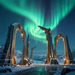 a very detailed concept art of intricate and well designed asgard gates to north pole, infused with aurora borealis, dynamic lighting, trending on artstation, path traced, highly detailed, high quality, digital art, 4 k, hyper realistic, octane render, sharp focus
