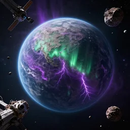 masterpiece. octane render. view of the planet down below. space station pov. screenshot from the new sci - fi metroid film directed by denis villeneuve 4 k. cinema. close orbital of a new alien world nested within an asteroid belt nebula. purple and green lightning aurora upon it's surface.