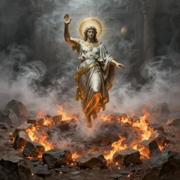 the delphi oracle, floating above a pit, ringed by hot stones. lots of fog and vapor. fantasy painting by michelangelo
