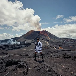 fashion editorial in active volcano. wide angle. highly detailed.