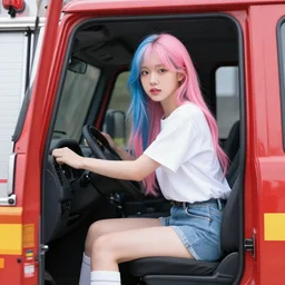 portrait of a blue and pink haired korean woman riding a firetruck by hr giger, greg rutkowski, luis royo and wayne barlowe 8 k