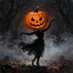 spoopy painting of a silhouette dancing figure with pumpkin head illustration, fog, enchanted dark background dark contrast by android jones
