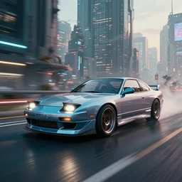 modernized 240sx flying through a dystopian cyberpunk cityscape