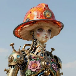 portrait of a fungus with a fireman hat, robot steampunk, floral! horizon zero dawn machine, intricate, elegant, highly detailed, ray tracing, digital painting, artstation, concept art, clear sky, extremely detailed, fantasy, smooth, sharp focus, illustration, art by artgerm and greg rutkowski and alphonse mucha, 8 k