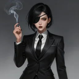 a highly detailed illustration of short black haired woman wearing black eyepatch and noir style suit and tie, dramatic smoking pose, intricate, elegant, highly detailed, centered, digital painting, artstation, concept art, smooth, sharp focus, league of legends concept art, WLOP