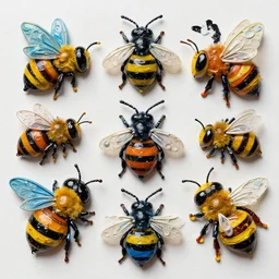 large different coloured comic bees painted in 2 inch thick!!! impasto shiny dripping oil paint