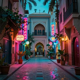 cyberpunk Morocco street,  35mm lens, beautiful panoramic imagery, vibrantly lush neon lighting, beautiful volumetric-lighting-style atmosphere, a futuristic atmosphere, intricate, ultra detailed, photorealistic Octane render, trending on artstation, 4k, 8k