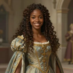 medium-length portrait of a female princess with long curly hair and brown eyes, dark brown skin, happy expression, wears a beautiful flowing gown, medieval setting, highly detailed, digital painting, artstation, concept art, sharp focus, illustration, art by greg rutkowski and alphonse mucha