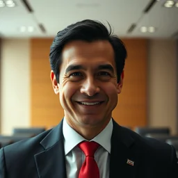 a portrait photograph of a smug executive in a business suit in a board room, black hair, red tie, dof, low light, highly detailed, 4 k, cinestill 8 0 0 t, exif, photography by andreas franke