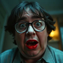 todd solondz stars in the tenant by roman polanski and andrzej zulawski, glasses, scared, screaming and crying, red lipstick, seventies film