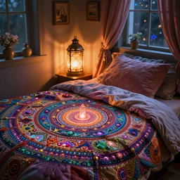 cozy fantasy bedroom at night, lantern light, soft bed, colorful, warm atmosphere, beautiful and comfortable, secret of mana, intricate, highly detailed, 8 k, by jesper ejsing, leonardo da vinci, steve hanks