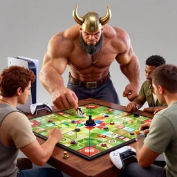 hulking vikings playing a boardgame, grand theft auto 5, playstation 5, volumetric lighting, raytacing