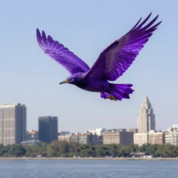 “ a flying with purple wings above city line ”