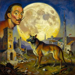bright dramatic lighting colorful surrealist oil painting titled'now we will all be sisters of the fossil blood of the moon ', magical realism symbolist, ruined city landscape with hybrid animal protagonist, painted by salvador dali and hieronymous bosch and max ernst, shocking detail trending on artstation 8 k