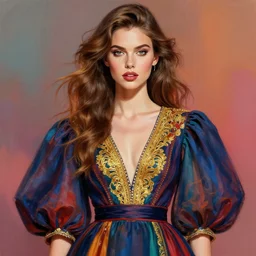 A beautiful portrait of a fashion model Andreea Diaconu, frontal, digital art by Eugene de Blaas and Ross Tran, vibrant color scheme, highly detailed, in the style of romanticism