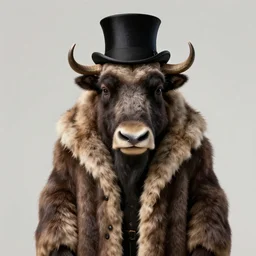portrait photo of an anthropomorphic mutant with the head of a musk ox, wearing a long fur coat and a top hat, hyperrealistic Illustration