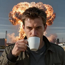 ultra realist render of a nuclear blast background, daily clothed man drinking his coffee, partial symmetry accurate features, very intricate details, focus, award winning
