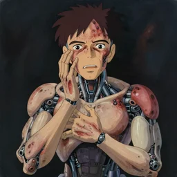 centred painting of a human with rare robotic skin disease, pain, agony, octane rendering, trending on artstation, studio ghibli, michael whealan and james gurney