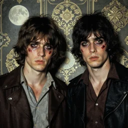 two handsome but sinister young men wearing christian lacroix in layers of fear, with haunted eyes and wild hair, 1 9 7 0 s, seventies, wallpaper, a little blood, moonlight showing injuries, delicate embellishments, painterly, offset printing technique, by brom, robert henri, walter popp