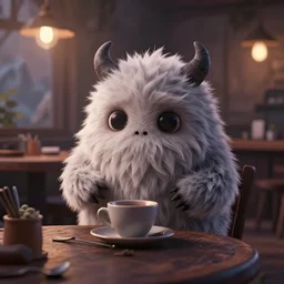 little fluffy monster in a cozy mountain cafe. upcoming 3 d animation by an indie studio, rimlighting, depth of field, limited palette, intricate details, gothic horror, chiaroscuro.