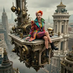movie closeup the amazing floating neoclassical city, fantasy, steampunk, a colorful fashion icon is sitting on the top of a roof. intricate, amazing composition, gloomy by emmanuel lubezki