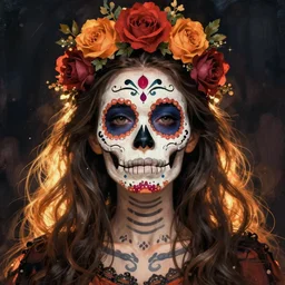 Illustration of a sugar skull day of the dead girl, art by evelyn de morgan