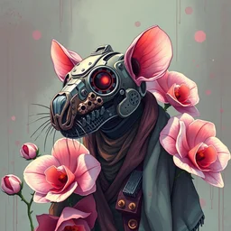 retro biomechanical cyborg rat in vintage death beath mask, infested tattered robe, giant orchid roses, pixiv fanbox, dramatic lighting, maximalist pastel color palette, splatter paint, pixar and disney concept, graphic novel by fiona and dustin nguyen, peter elson, alan bean, wangechi mutu, clean cel shaded vector art, on artstation