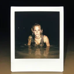 night time, emma watson rising out of muddy vietnam river, face covered in mud, low camera angle at water level, night time, dark, polaroid, 2 0 0 mm zoom,