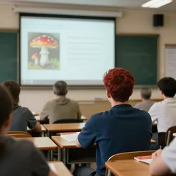 photo of a red mushroom man sitting in a classroom, watching a lecture about mushroom biology