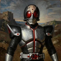 a realistic painting by Raffaello Sanzi depicting the Kamen Rider Kuuga with the head of the symbiotic Freddy Krueger in the Renaissance.