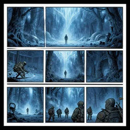 no border 3 panel graphic novel layout frozen taiga cryogenic tears of hyperspace loneliness futuristic small unit tactics behind enemy lines littoral combat photorealistic graphic novel layout by michael komarck, greg rutkowski, victo ngai, artgerm, willem claesz heda and j. dickenson roger deakins john seale syd mead