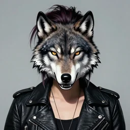 portrait of a punk girl wearing a leather jacket with a wolf's head over her face, artwork by boneface