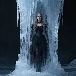 an ice pillar with a beautiful girl encased inside, anna dittmann, masterpiece, dark, gothic, very detailed, sharp, 8 k