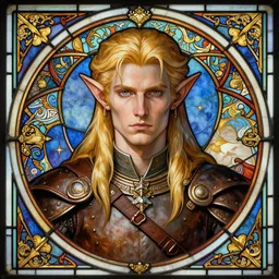 head-on symmetrical centered painted portrait, Lude Law as male elf ranger, blonde hair, leather armour, art nouveau, tarot card style, stained glass, fantasy, intricate, elegant, highly detailed, smooth, sharp focus, illustration, artstation, in the style of Artgerm and Anna Podedworna and Alex Ross and Mucha