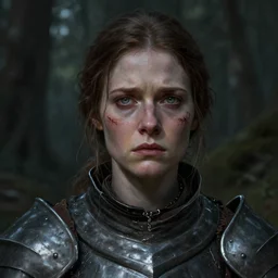 head and shoulders portrait of a female knight with a worried expression, scars under her grey eyes. sad and tired eyes, broken neclace. background forest, very dark! high detail, matte painting, artstation top 1 0, photo in the style of angus mcbean.