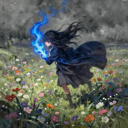 dynamic composition, motion, ultra - detailed, incredibly detailed, a lot of details, amazing fine details and brush strokes, colorful and grayish palette, smooth, hd semirealistic anime cg concept art digital painting, watercolor oil painting of sea of flowers, in style of cytus and deemo, blue flame, relaxing, calm and mysterious vibes