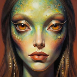close up sci - fi hippie poster art simon stalenhag reptile eyes, vinyl skin, elegant, highly detailed, centered, digital painting, concept art, smooth, sharp focus, illustration, artgerm, tomasz alen kopera, peter mohrbacher, donato giancola, joseph christian leyendecker, wlop, frank frazetta