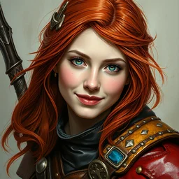 a young shy smile red head bard woman, colorful leather armor, portrait by daniel docciu and dave dorman and artgerm