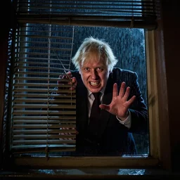 a photo taken from the inside of an old house, showing window blinds being pulled back to reveal a terrifying boris johnson with his unhinged face pressed against the window, boris ’ hand placed on the window, horrifying grin. horror, raining, night time