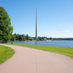 pavement level photo of nasinneula tower in tampere finland and lake nasijarvi. green and blue sky. photorealistic. 4 k.